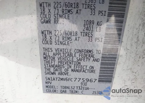 2015 Nissan Rogue Sl из США, поврежденный, VIN 5N1AT2MV6FC775967